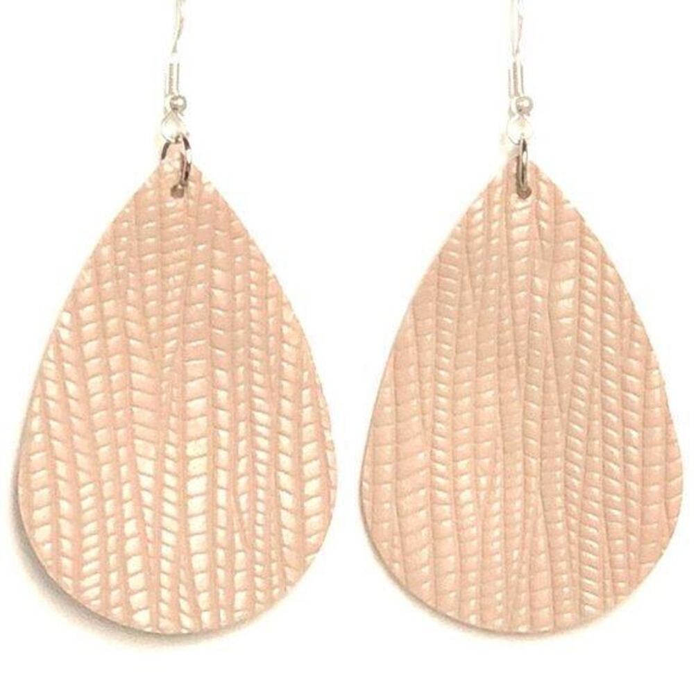 Boutique Lightweight Faux Leather Stone Grain Embossed Nude Teardrop Earrings